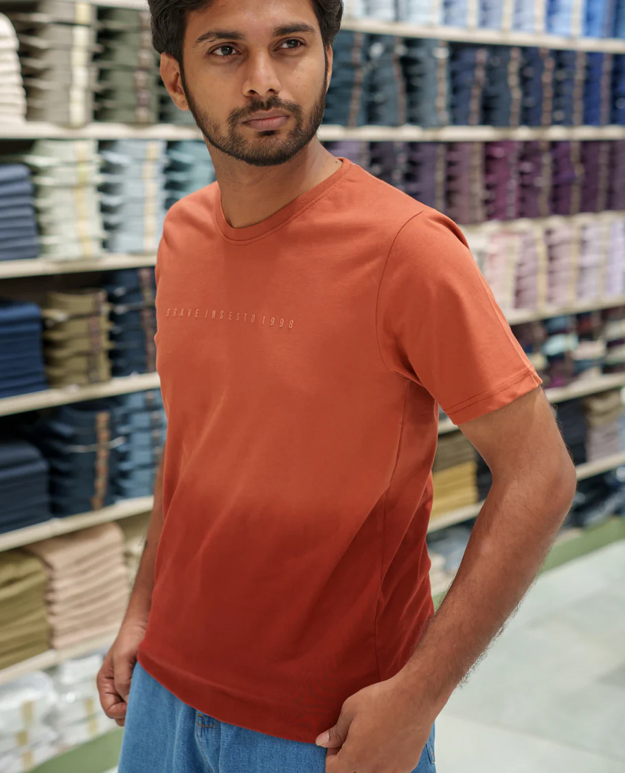 Orange Cotton-Blended Ombre-Dyed T-Shirt Comes with Typographic Print, Crew Neck, Half Sleeves, Slim Fit, and Regular Length - Image 4