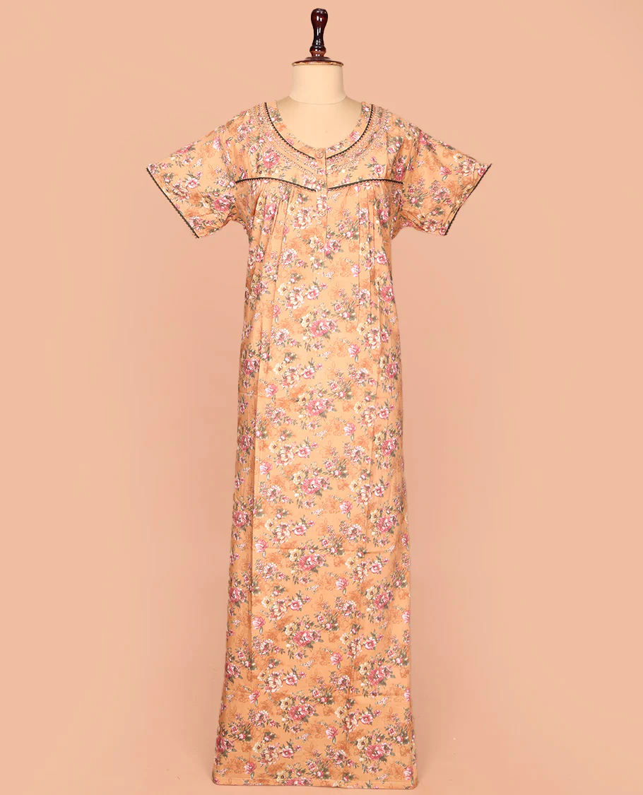 Orange Cotton Nighty Decked Up with Floral Print, Featuring Lace Work, Round Front Neck, and Half Sleeves - Image 2
