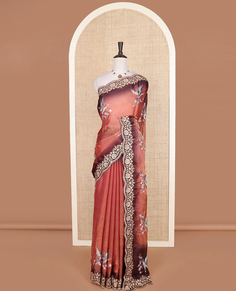 Orange crane and floral motifs thread embroidered designer saree, scallop floral thread embroidered border, and embroidered pallu - Image 2