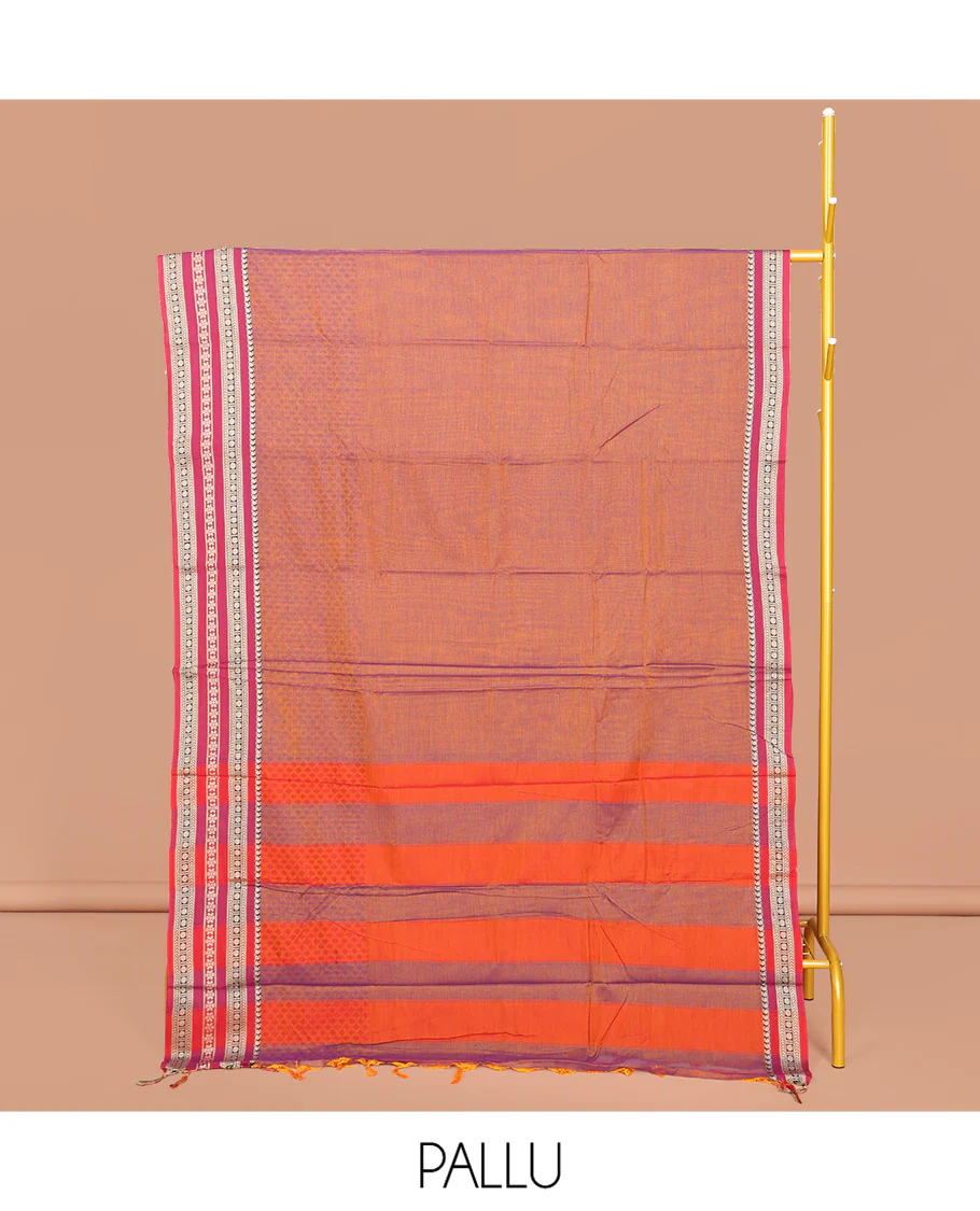 Orange Embossed Narayanpet Cotton Saree, Complemented by a Contrast Traditional Zari Design Border, Striped Pallu, and Comes Without a Blouse - Image 2