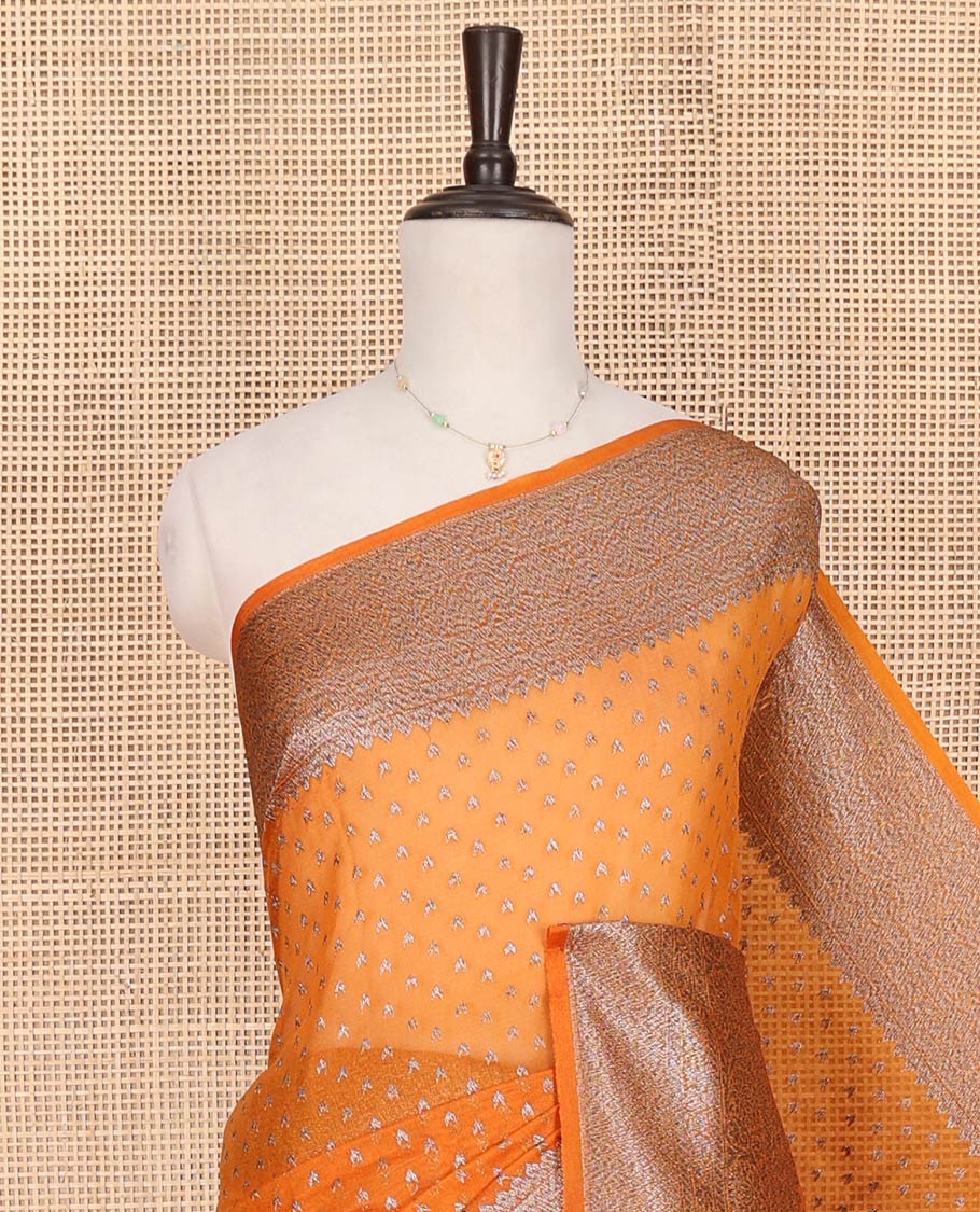 Orange Fancy Georgette Saree Decked Up with Zari Buttas, Hazily Zari Woven Border of Traditional Designs, Hazily Woven Pallu of Intricate Designs, and Paired with a Matching Blouse - Image 2