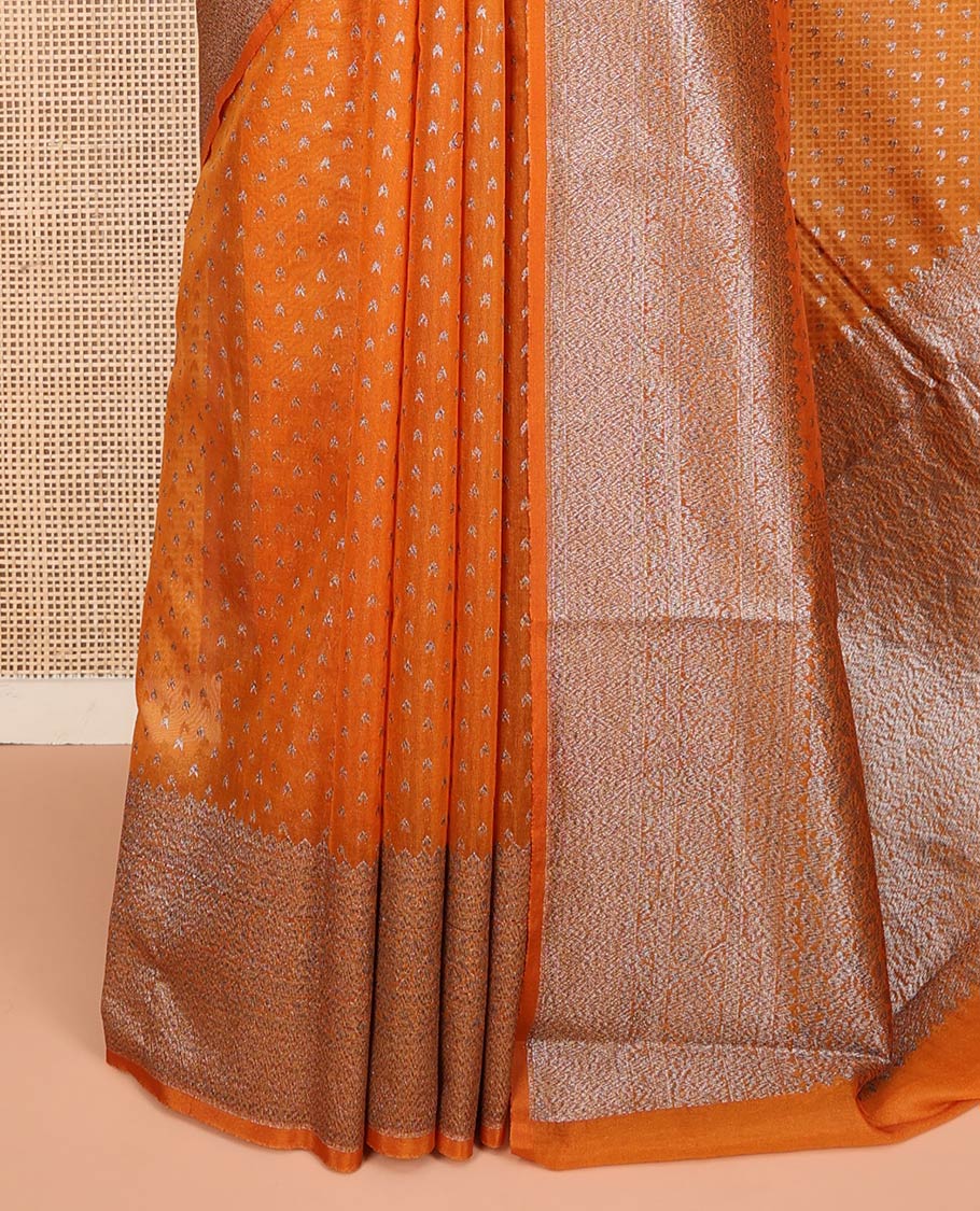 Orange Fancy Georgette Saree Decked Up with Zari Buttas, Hazily Zari Woven Border of Traditional Designs, Hazily Woven Pallu of Intricate Designs, and Paired with a Matching Blouse - Image 3