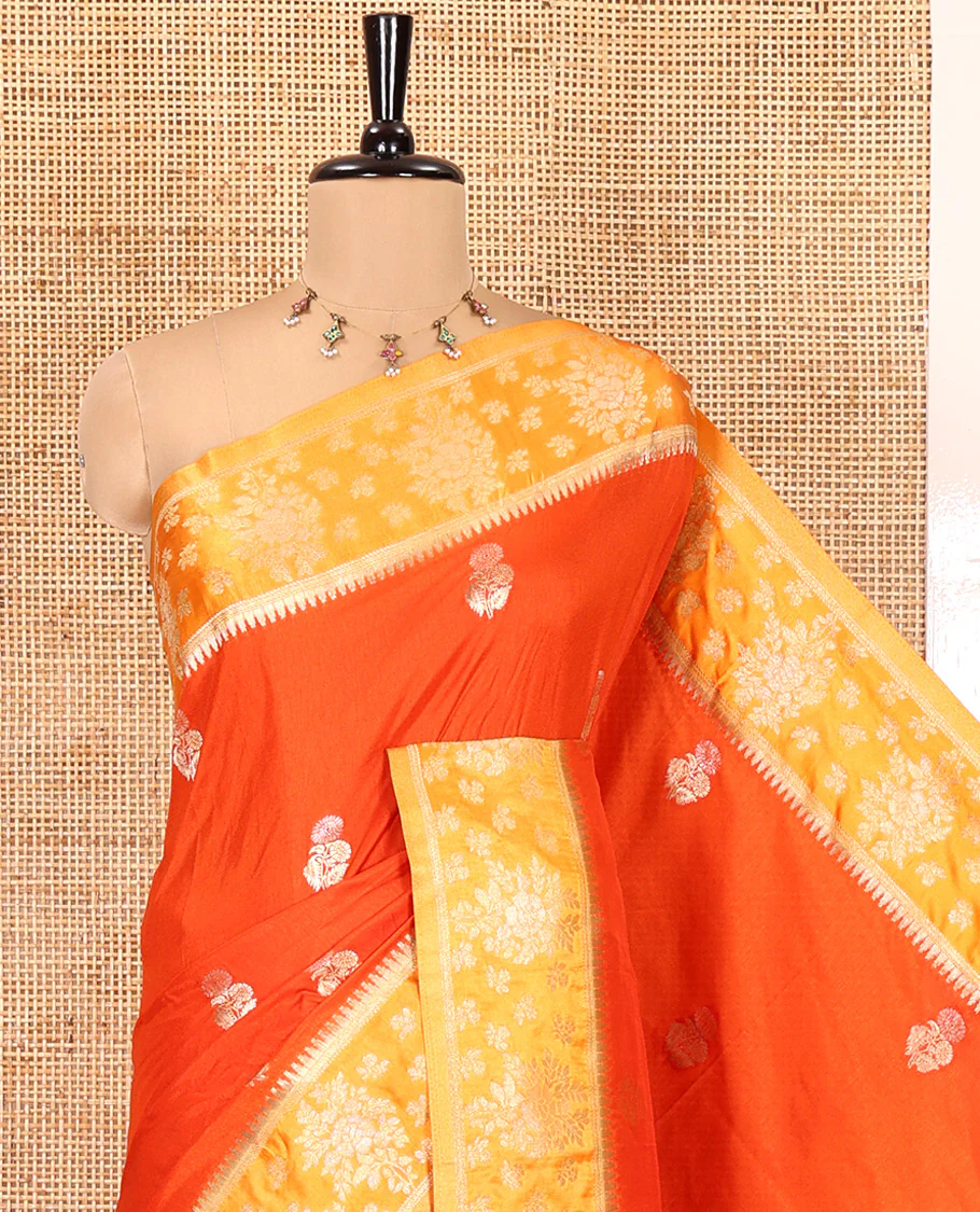 Orange Fancy Raw Silk Saree, Detailed with Floral Zari Buttas, a Contrast Floral Temple Border, Intricate Pallu, and a Contrast Blouse - Image 2