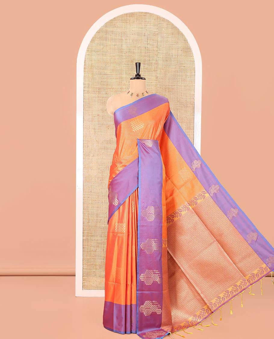 Orange Fancy Soft Silk Saree, Embellished with Zari Buttas and Zari Stripes, Complemented by a Contrast Border of Hexagon-Shaped Designs, Majestically Detailed Pallu, and Paired with a Contrast Blouse