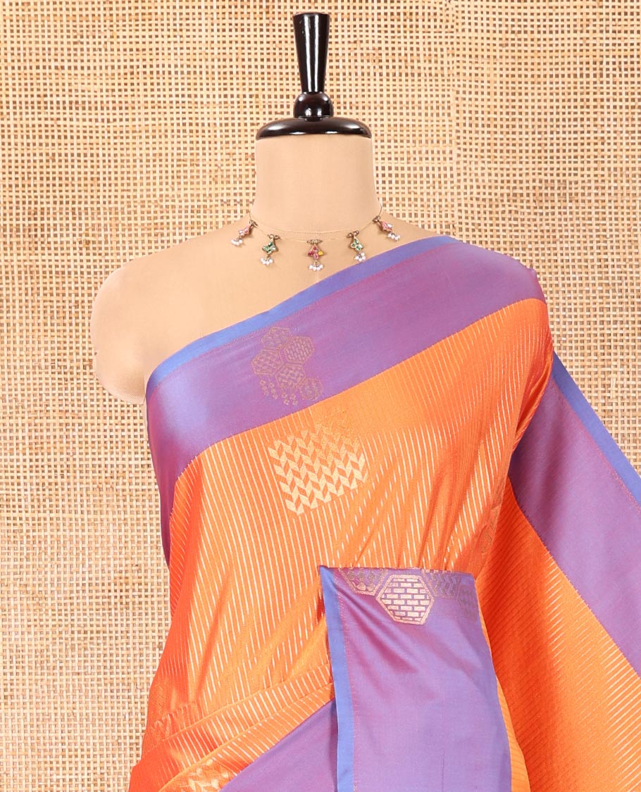 Orange Fancy Soft Silk Saree, Embellished with Zari Buttas and Zari Stripes, Complemented by a Contrast Border of Hexagon-Shaped Designs, Majestically Detailed Pallu, and Paired with a Contrast Blouse - Image 2