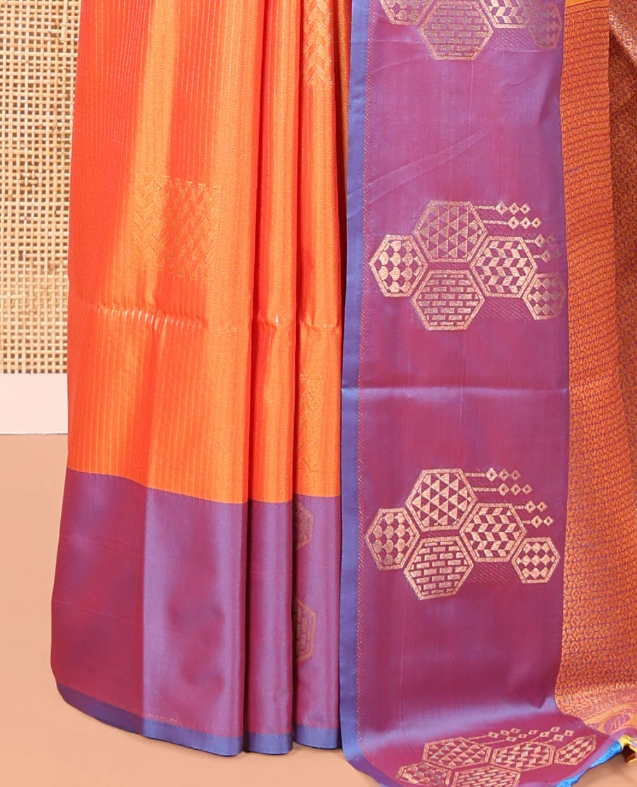 Orange Fancy Soft Silk Saree, Embellished with Zari Buttas and Zari Stripes, Complemented by a Contrast Border of Hexagon-Shaped Designs, Majestically Detailed Pallu, and Paired with a Contrast Blouse - Image 3