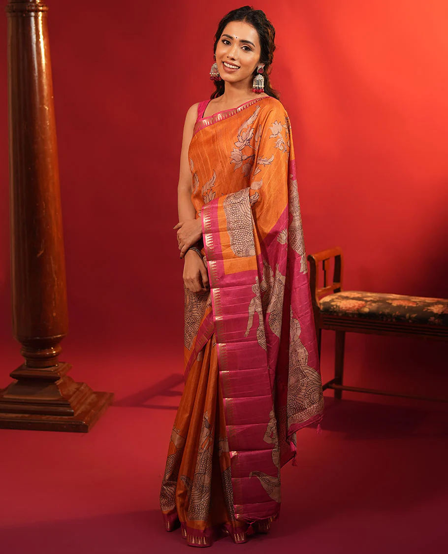 Orange Semi-Tussar Silk Saree, Artfully Detailed with Kalamkari-Style Human Motifs Printed on Its Body, Complemented by a Contrast Temple Zari Border, Creatively Kalamkari Printed Pallu, and Paired with a Contrast Blouse - Image 5