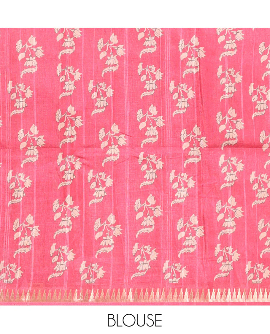 Orange Semi-Tussar Silk Saree, Artfully Detailed with Kalamkari-Style Human Motifs Printed on Its Body, Complemented by a Contrast Temple Zari Border, Creatively Kalamkari Printed Pallu, and Paired with a Contrast Blouse - Image 7