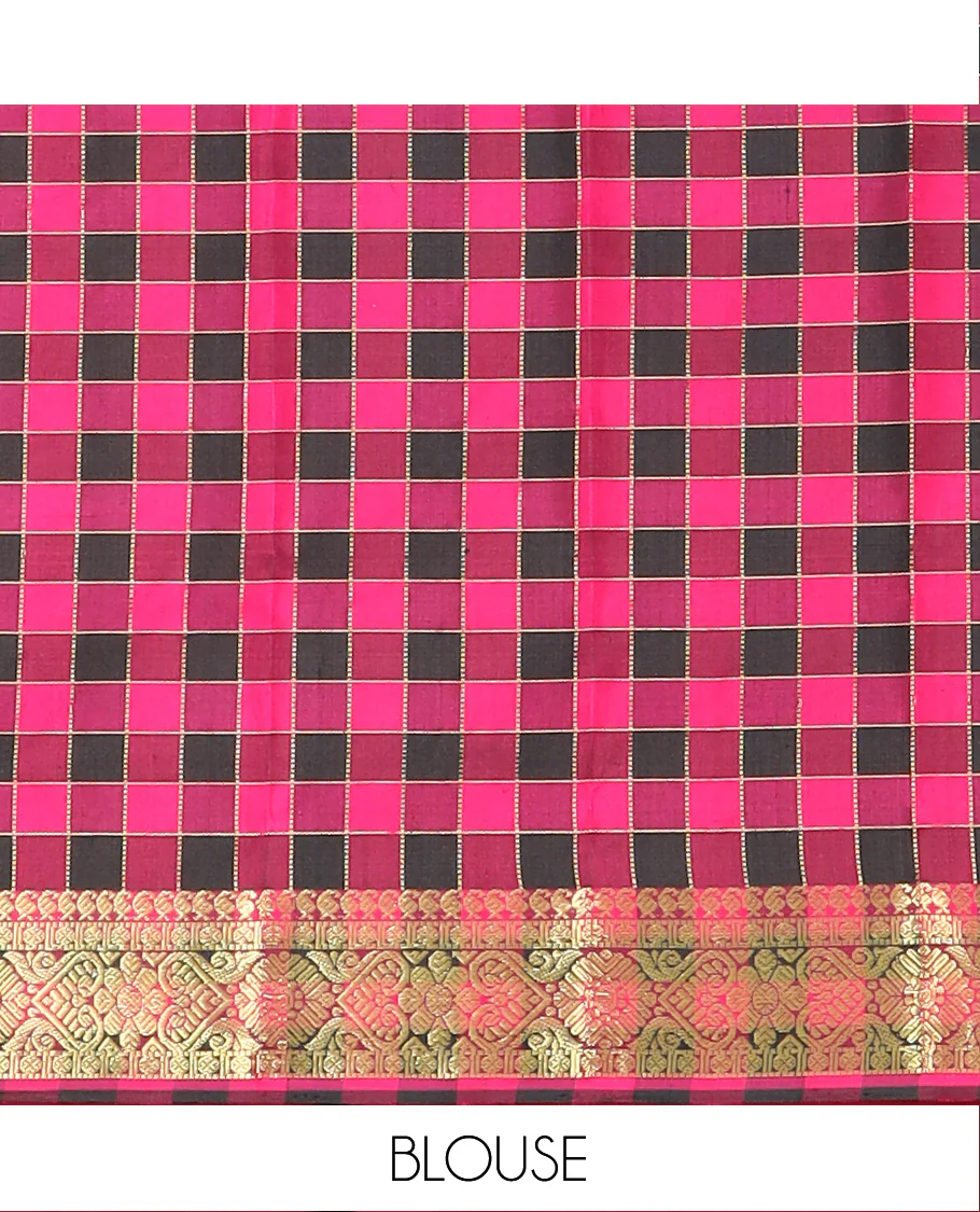 Orange Gadwal Saree Accentuated with Zari Buttas, Traditional Zari Design Border, Pallu Complemented with Multi-Coloured Checks, and a Contrast Blouse - Image 5