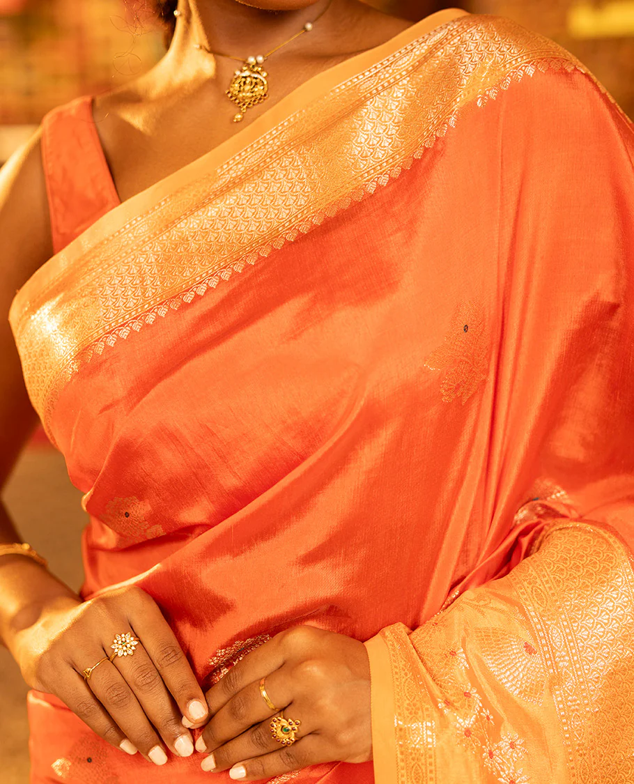 Orange Green-Mango-Silk Saree, Enriched with Floral Zari Buttas All Over Its Body, Complemented by a Contrast Meenakari Zari Traditional Border of Floral Designs, Grand Pallu, and Paired with a Contrast Blouse - Image 2