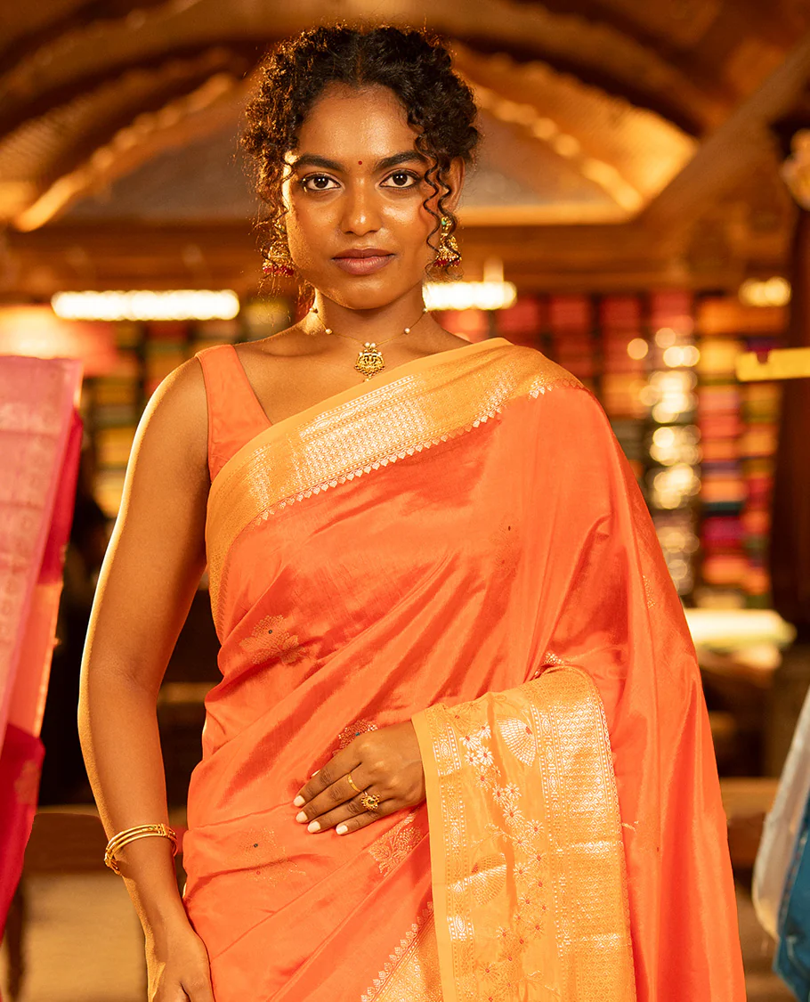 Orange Green-Mango-Silk Saree, Enriched with Floral Zari Buttas All Over Its Body, Complemented by a Contrast Meenakari Zari Traditional Border of Floral Designs, Grand Pallu, and Paired with a Contrast Blouse - Image 3