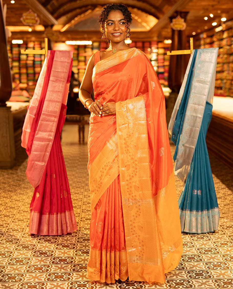 Orange Green-Mango-Silk Saree, Enriched with Floral Zari Buttas All Over Its Body, Complemented by a Contrast Meenakari Zari Traditional Border of Floral Designs, Grand Pallu, and Paired with a Contrast Blouse - Image 4
