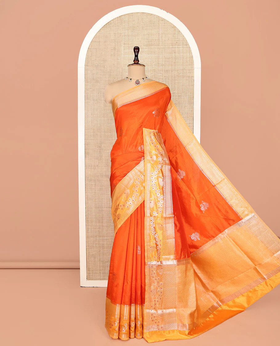 Orange Green-Mango-Silk Saree, Enriched with Floral Zari Buttas All Over Its Body, Complemented by a Contrast Meenakari Zari Traditional Border of Floral Designs, Grand Pallu, and Paired with a Contrast Blouse - Image 5