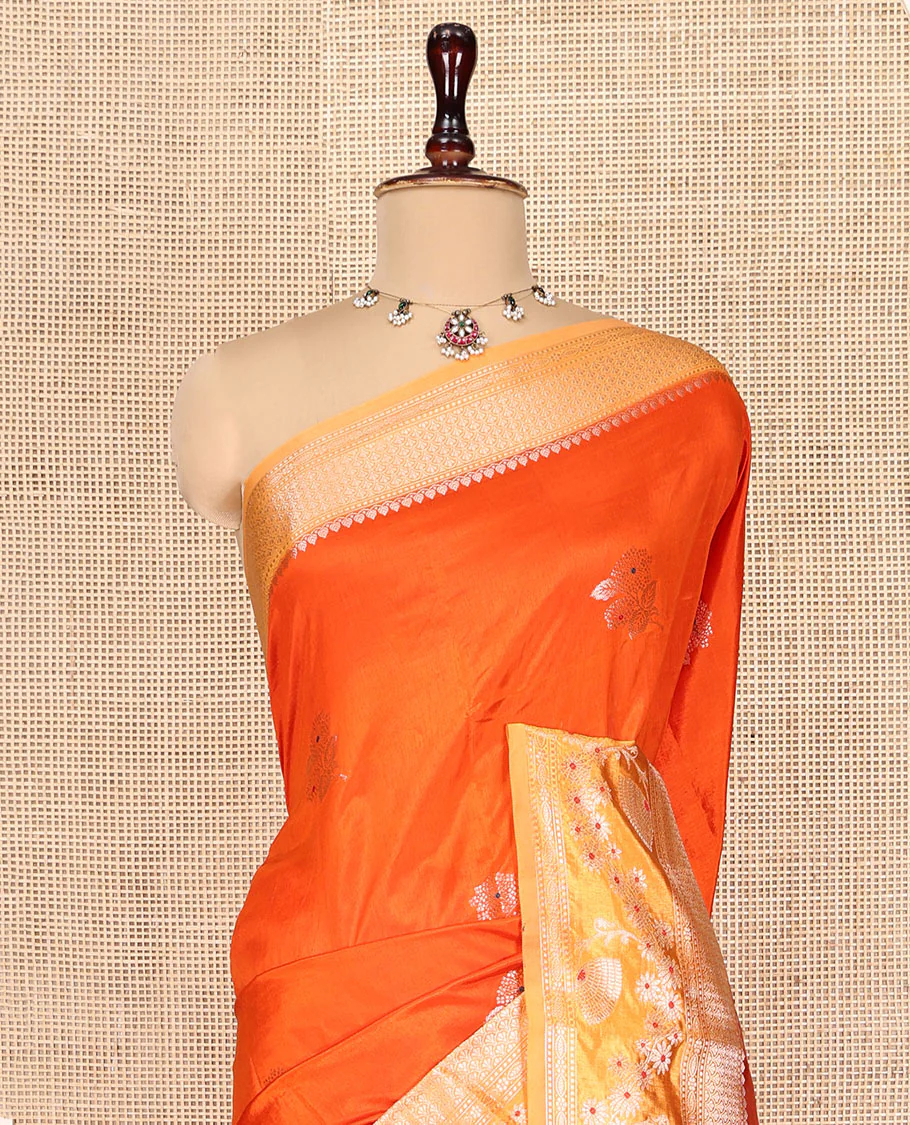 Orange Green-Mango-Silk Saree, Enriched with Floral Zari Buttas All Over Its Body, Complemented by a Contrast Meenakari Zari Traditional Border of Floral Designs, Grand Pallu, and Paired with a Contrast Blouse - Image 6