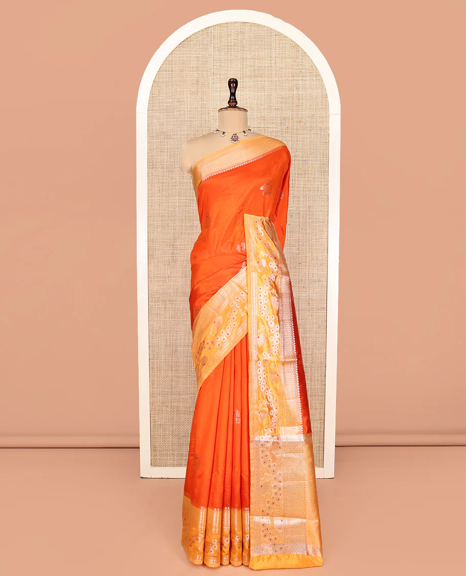 Orange Green-Mango-Silk Saree, Enriched with Floral Zari Buttas All Over Its Body, Complemented by a Contrast Meenakari Zari Traditional Border of Floral Designs, Grand Pallu, and Paired with a Contrast Blouse - Image 7