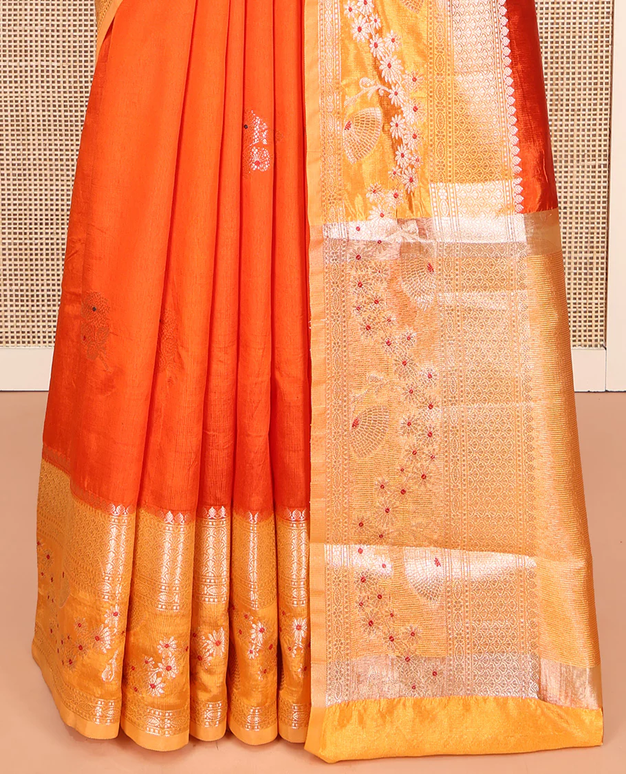 Orange Green-Mango-Silk Saree, Enriched with Floral Zari Buttas All Over Its Body, Complemented by a Contrast Meenakari Zari Traditional Border of Floral Designs, Grand Pallu, and Paired with a Contrast Blouse - Image 8