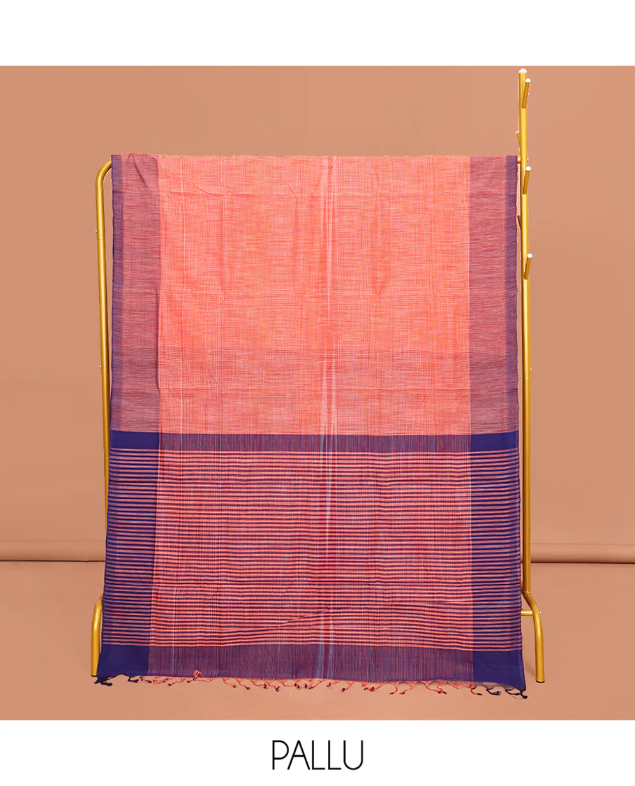 Orange Heathered Textured Mangalgiri Cotton Saree, Complemented by Contrast Border, Striped Pallu, and Paired with a Contrast Blouse - Image 2