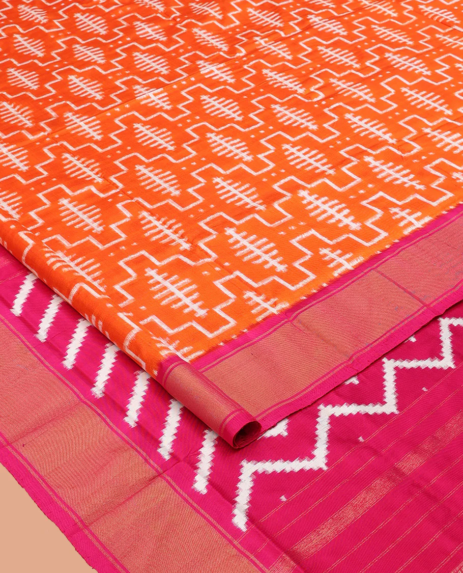 Orange Ikkat Silk Saree, Mesmerized with Ikkat-Style Geometric Patterns on Its Body, Complemented by a Contrast Border, Pallu Features Chevron Stripes, and Paired with a Contrast Blouse - Image 2