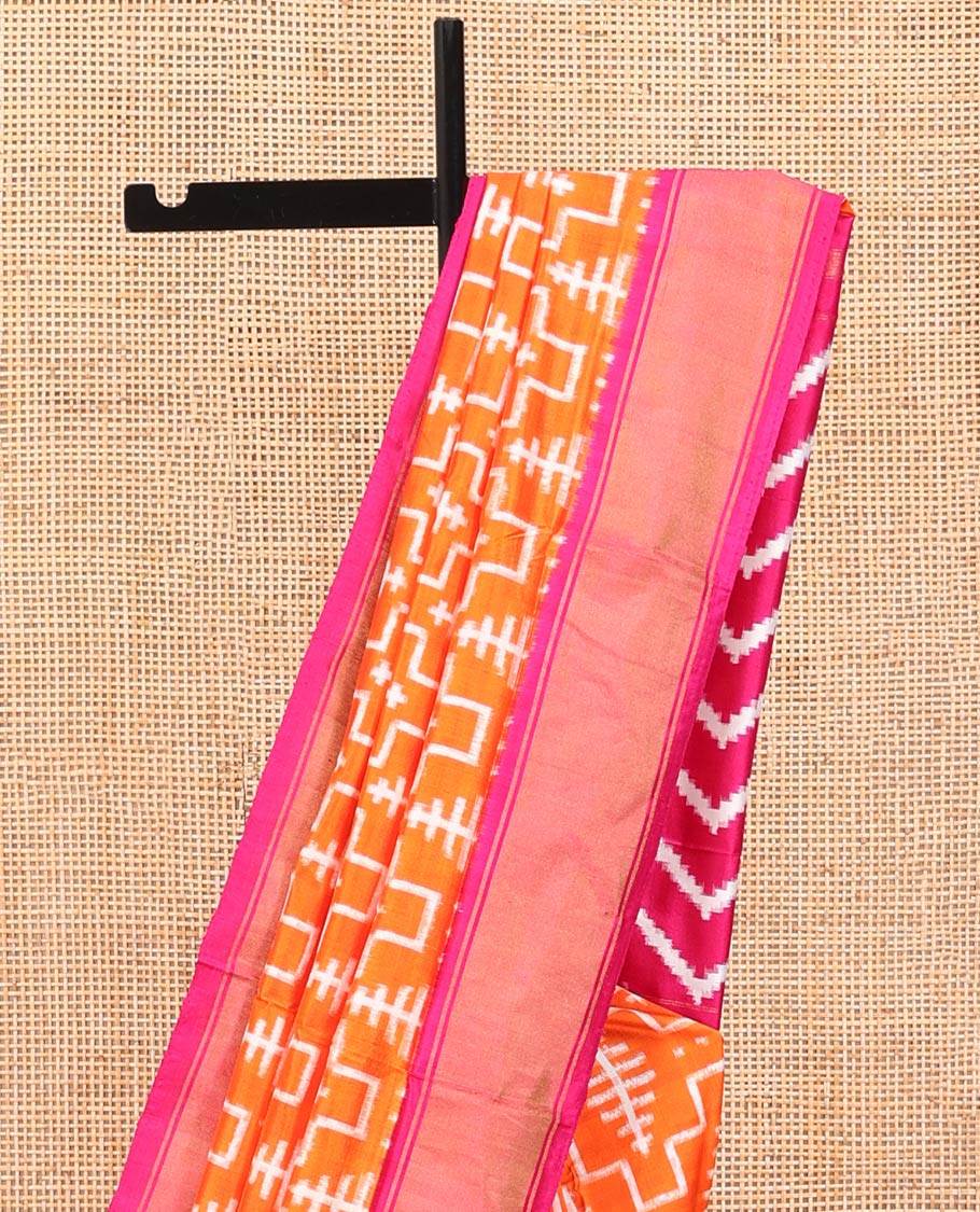 Orange Ikkat Silk Saree, Mesmerized with Ikkat-Style Geometric Patterns on Its Body, Complemented by a Contrast Border, Pallu Features Chevron Stripes, and Paired with a Contrast Blouse - Image 3