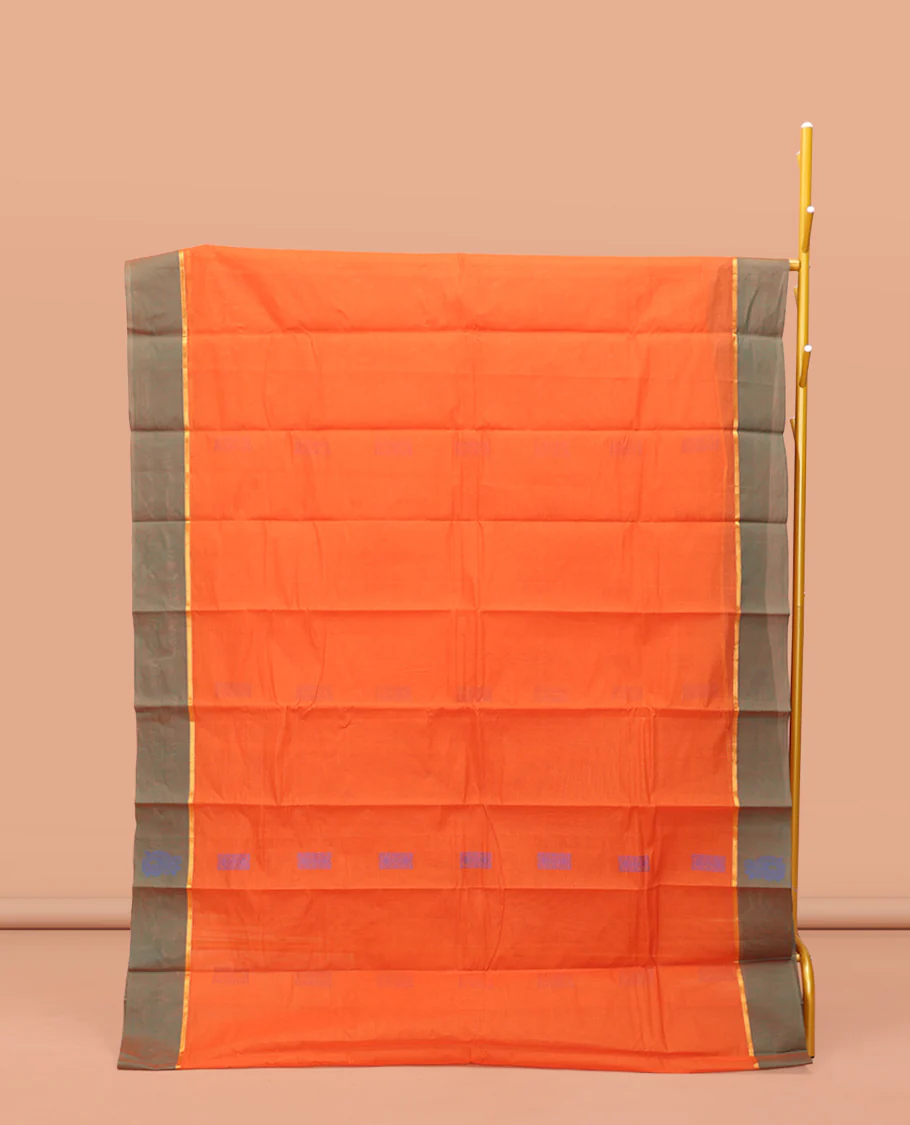 Orange Kanchi Cotton Saree, Adorned with Buttas on Its Body, Complemented by a Contrast Unique Design Border, Jaal Design Pallu, and a Matching Blouse