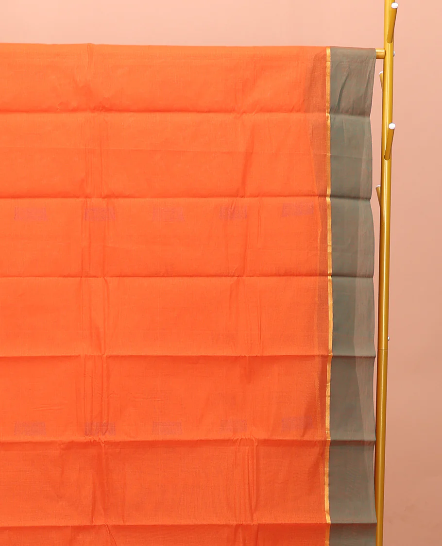Orange Kanchi Cotton Saree, Adorned with Buttas on Its Body, Complemented by a Contrast Unique Design Border, Jaal Design Pallu, and a Matching Blouse - Image 2