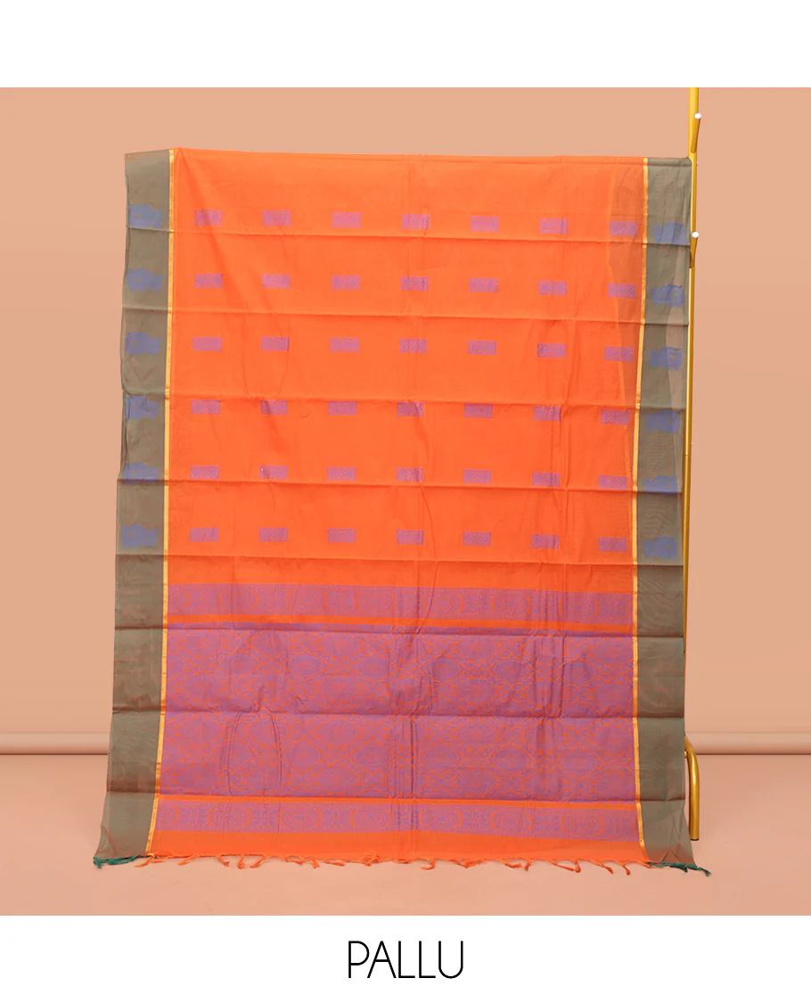 Orange Kanchi Cotton Saree, Adorned with Buttas on Its Body, Complemented by a Contrast Unique Design Border, Jaal Design Pallu, and a Matching Blouse - Image 3