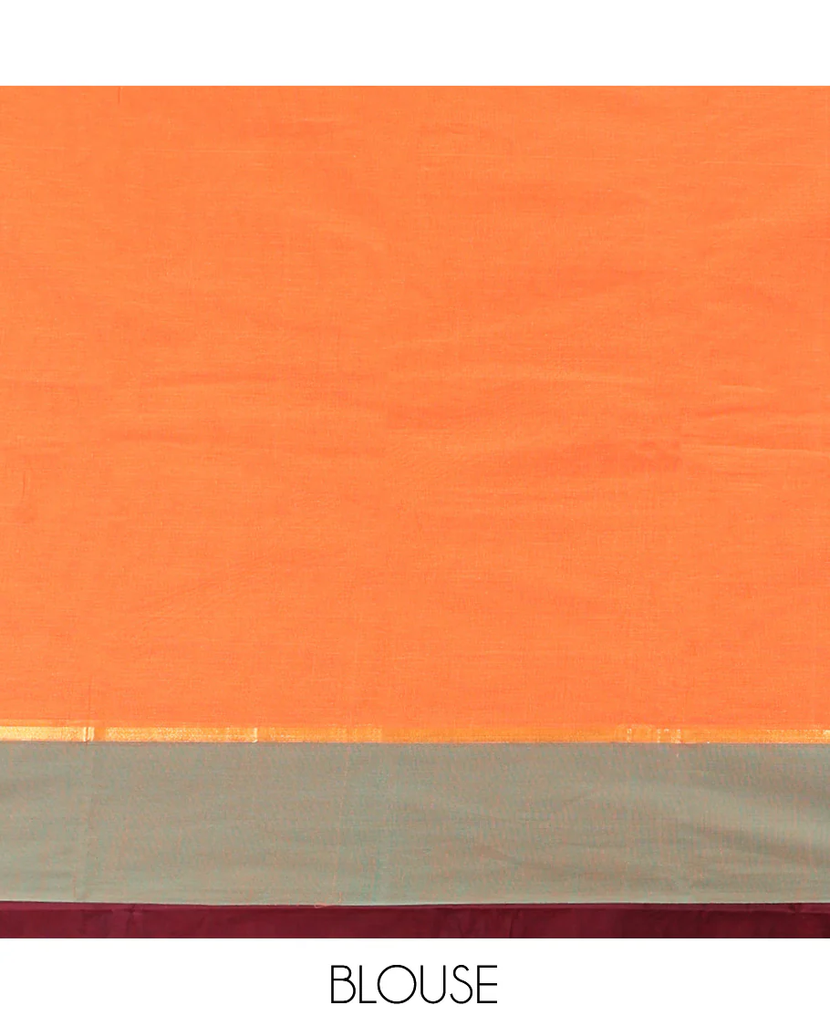 Orange Kanchi Cotton Saree, Adorned with Buttas on Its Body, Complemented by a Contrast Unique Design Border, Jaal Design Pallu, and a Matching Blouse - Image 4