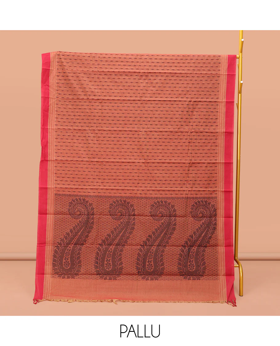 Orange Kanchi Cotton Saree Steeped with Thread Buttas on Its Body, Complemented by a Contrast Border, Paisley-Motif Pallu, and a Matching Blouse - Image 3