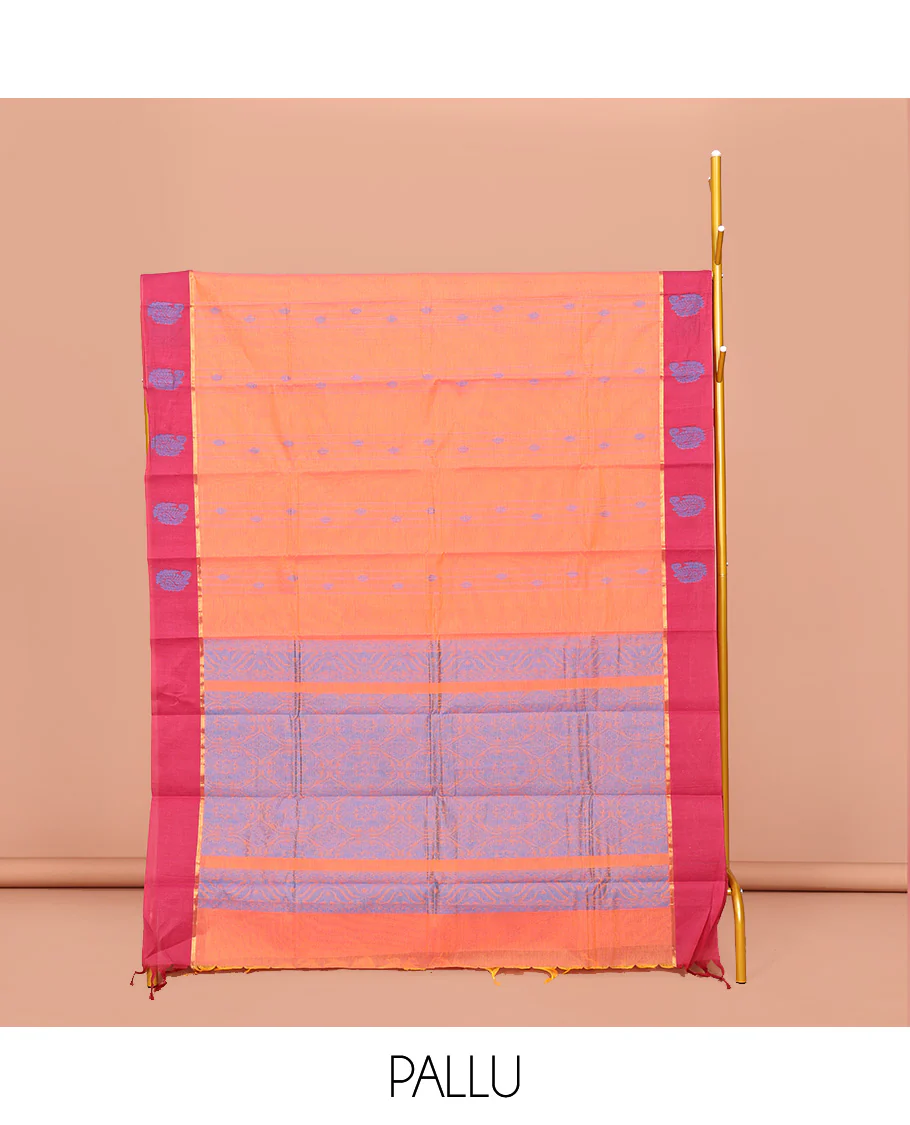 Orange Kanchi Cotton Saree, Woven with Buttas All Over Its Body, Complemented by Contrast Border, Delicately Woven Pallu, and Paired with Matching Blouse - Image 2