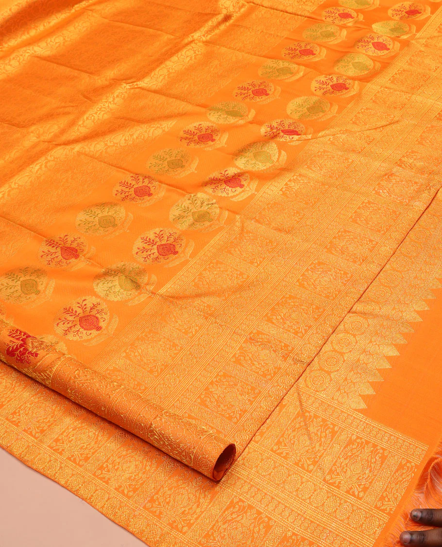 Orange Kanchipuram Designer Silk Saree, Subtly Sparkled With Floral Jacquard Design On Its Body, Highlighted by Meenakari Mughal Intricate Border, Intricate Pallu and Paired with a Matching Blouse - Image 2