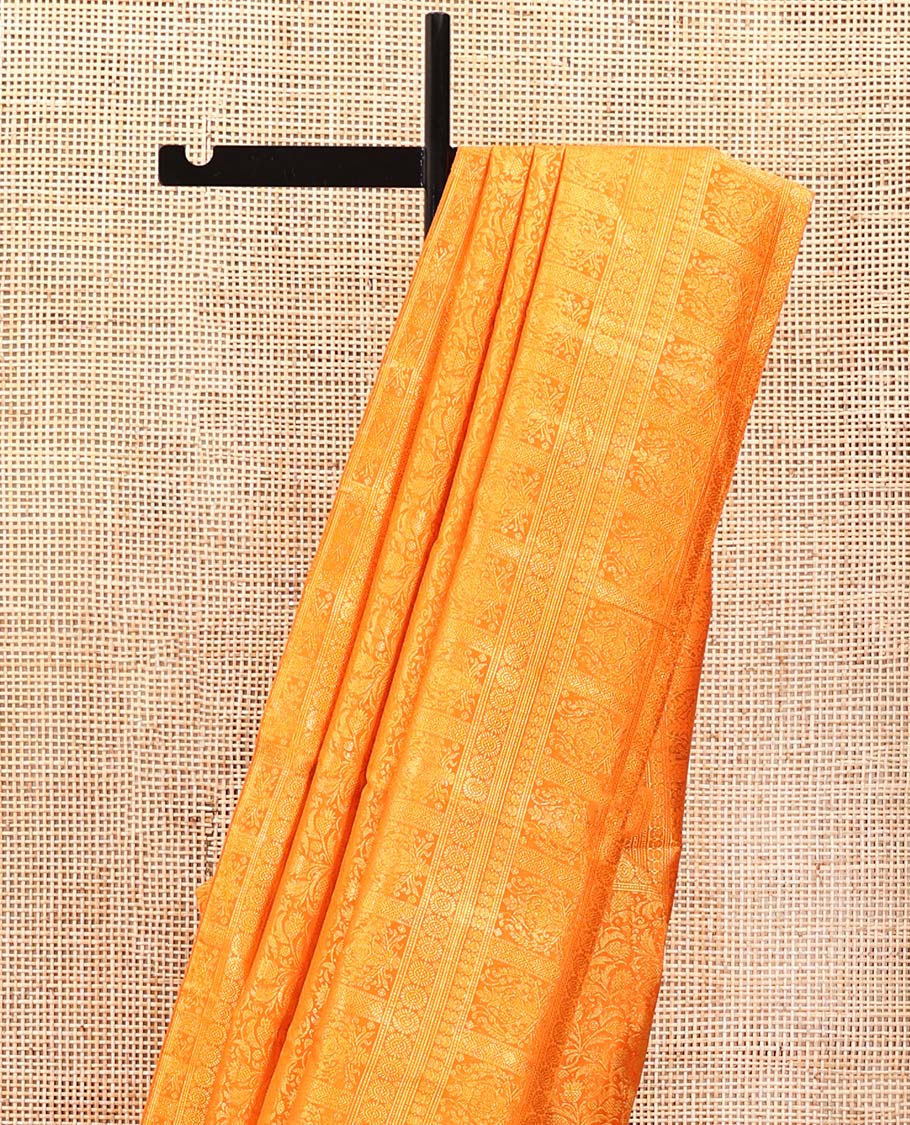 Orange Kanchipuram Designer Silk Saree, Subtly Sparkled With Floral Jacquard Design On Its Body, Highlighted by Meenakari Mughal Intricate Border, Intricate Pallu and Paired with a Matching Blouse - Image 3