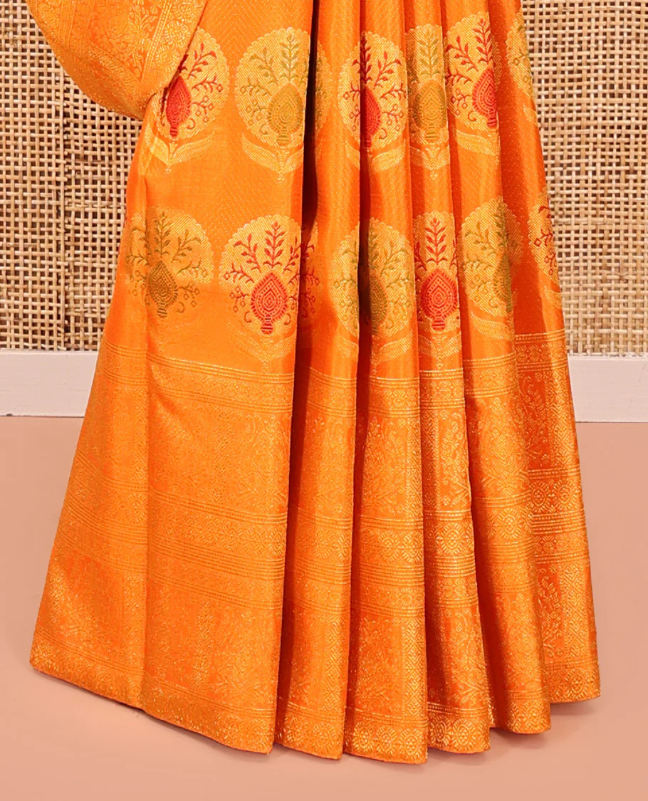 Orange Kanchipuram Designer Silk Saree, Subtly Sparkled With Floral Jacquard Design On Its Body, Highlighted by Meenakari Mughal Intricate Border, Intricate Pallu and Paired with a Matching Blouse - Image 4