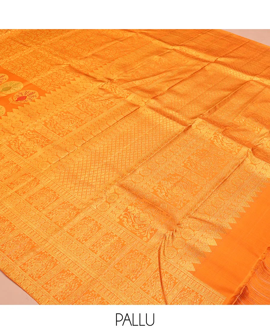 Orange Kanchipuram Designer Silk Saree, Subtly Sparkled With Floral Jacquard Design On Its Body, Highlighted by Meenakari Mughal Intricate Border, Intricate Pallu and Paired with a Matching Blouse - Image 5