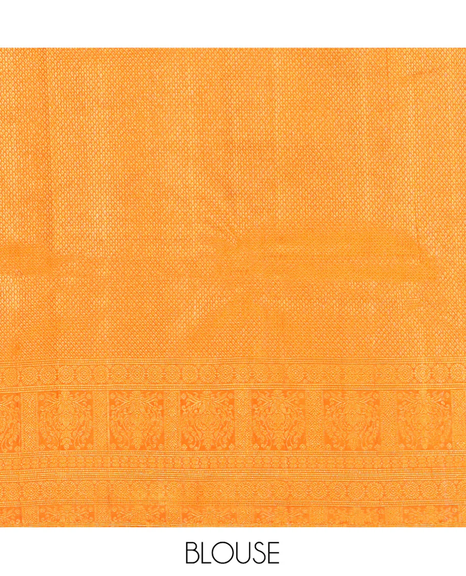 Orange Kanchipuram Designer Silk Saree, Subtly Sparkled With Floral Jacquard Design On Its Body, Highlighted by Meenakari Mughal Intricate Border, Intricate Pallu and Paired with a Matching Blouse - Image 6