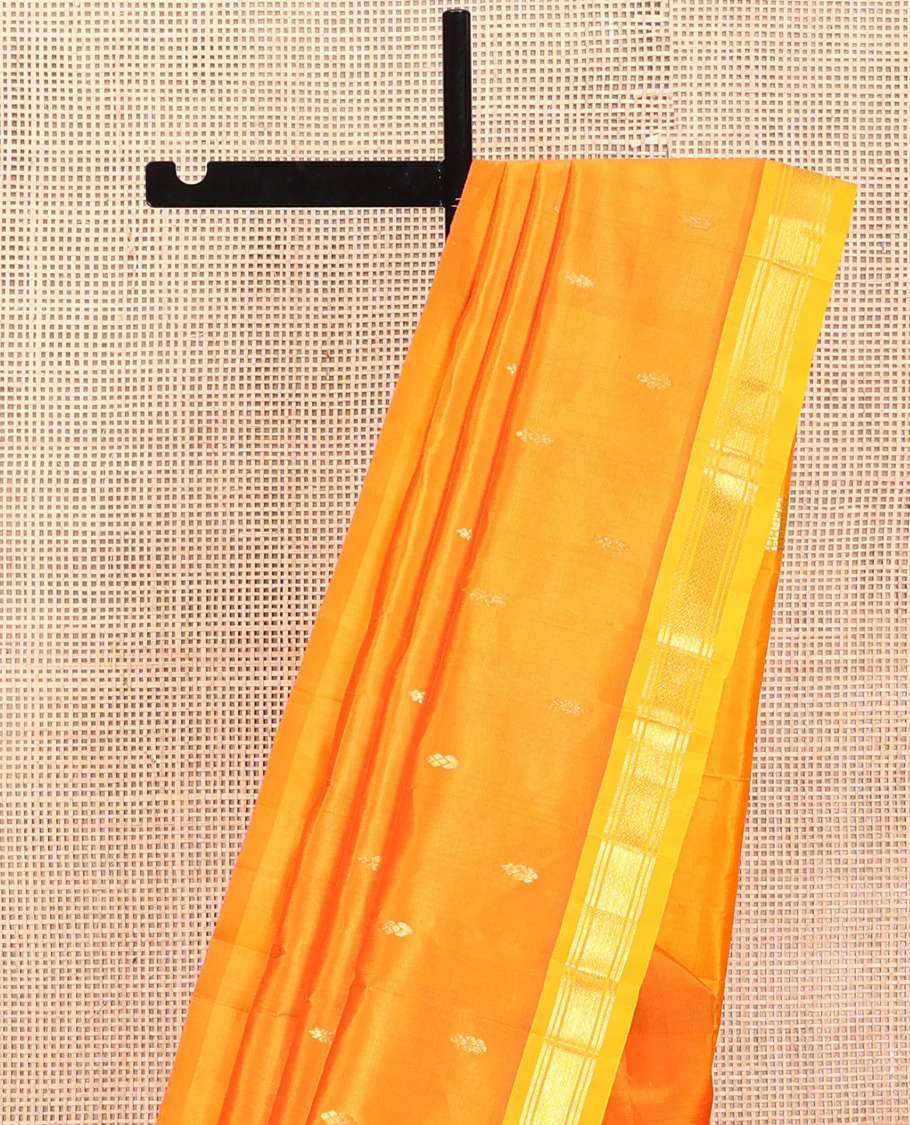 Orange Kanchipuram Silk Saree, Adorned with Zari Buttas, a Contrast One-Sided Border of Banaras, and Jaal Design, Zari-Woven Pallu, and No Blouse - Image 3