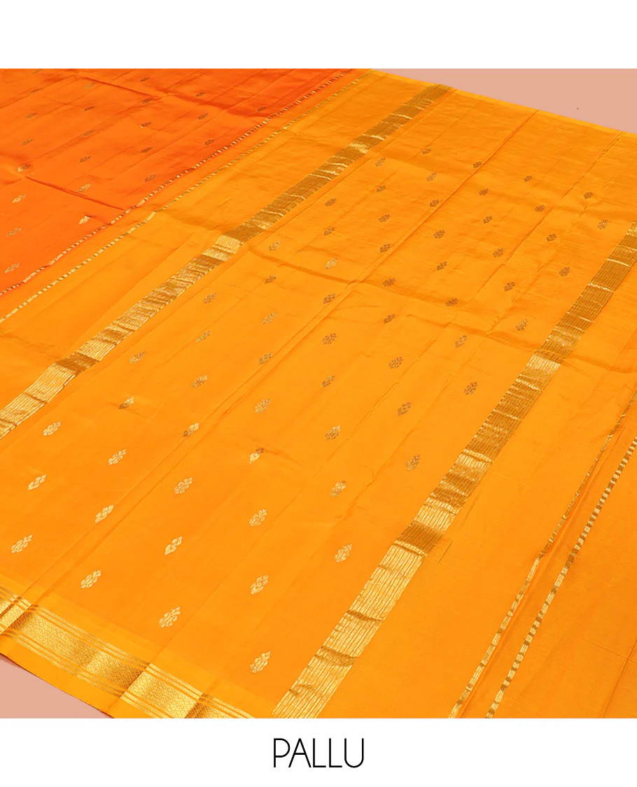 Orange Kanchipuram Silk Saree, Adorned with Zari Buttas, a Contrast One-Sided Border of Banaras, and Jaal Design, Zari-Woven Pallu, and No Blouse - Image 5