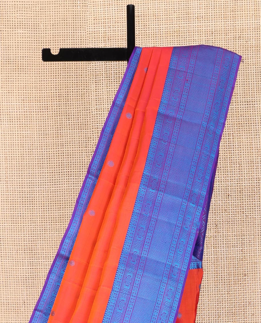 Orange Kanchipuram Silk Saree, Bedecked with Mayil and Chakram Thread Buttas on Its Body, Complemented by a Contrast Border of Rekku, Kamalam, Poun, Chakram, Kuyil Kann, and Then Kuli Kann Designs, Jaal Design Pallu, and Paired with a Contrast Blouse - Image 3