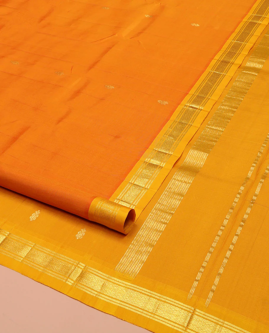 Orange Kanchipuram Silk Saree, Bedecked with Zari Buttas on Its Body, Complemented by a Contrast Zari One-Sided Border of Banaras, and Jaal Designs, Pallu of Zari Designs, and Comes Without a Blouse - Image 2