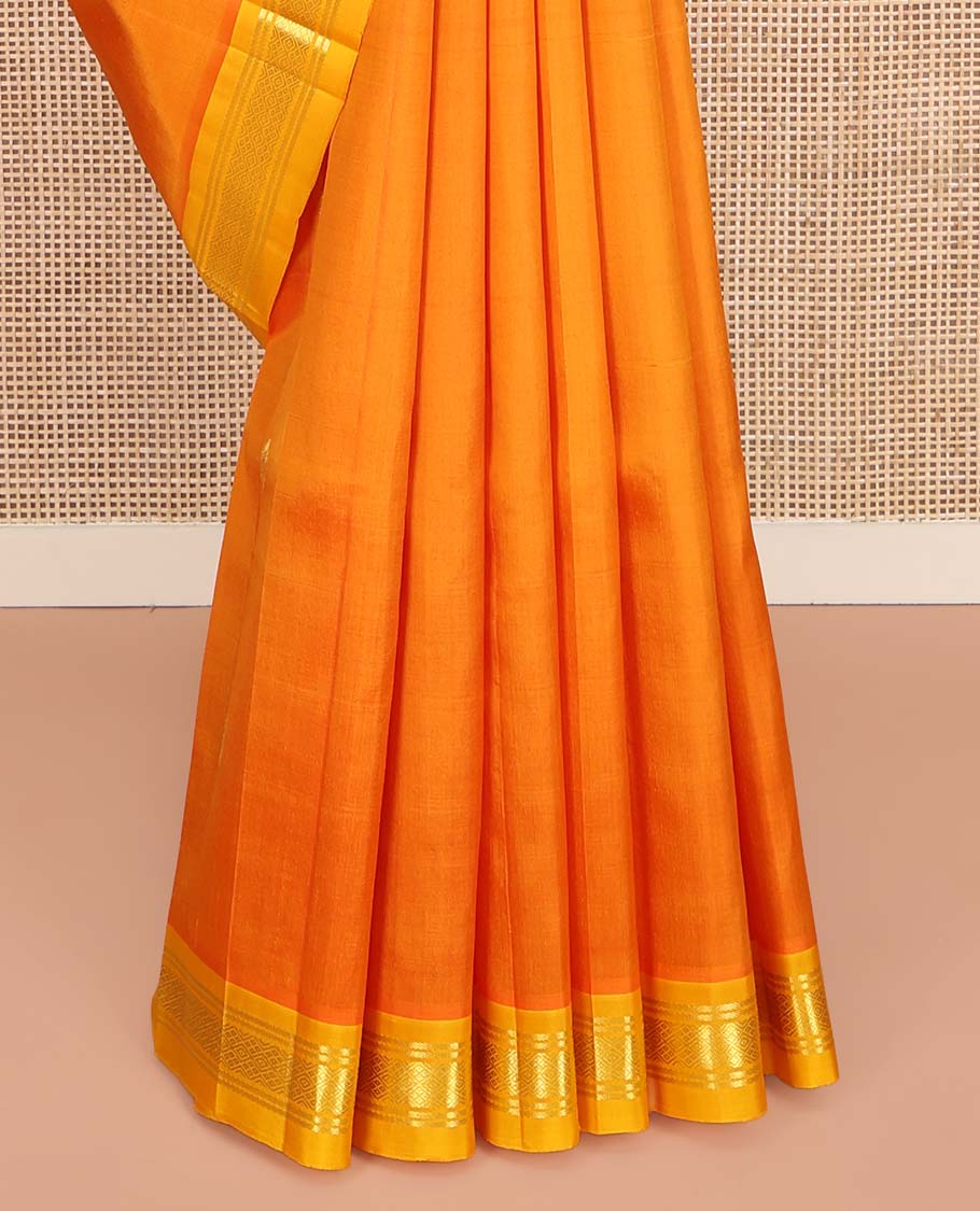 Orange Kanchipuram Silk Saree, Bedecked with Zari Buttas on Its Body, Complemented by a Contrast Zari One-Sided Border of Banaras, and Jaal Designs, Pallu of Zari Designs, and Comes Without a Blouse - Image 4