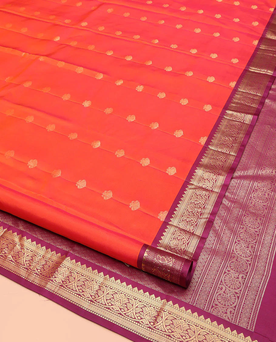 Orange Kanchipuram Silk Saree, Decked Up with Iruthalai Pakshi Buttas on Its Body, Complemented by a Contrast Border of Rekku, Muthu, and Kathir Designs, Grand Jaal Pallu, and Paired with a Contrast Blouse - Image 2