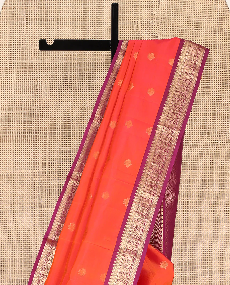 Orange Kanchipuram Silk Saree, Decked Up with Iruthalai Pakshi Buttas on Its Body, Complemented by a Contrast Border of Rekku, Muthu, and Kathir Designs, Grand Jaal Pallu, and Paired with a Contrast Blouse - Image 3