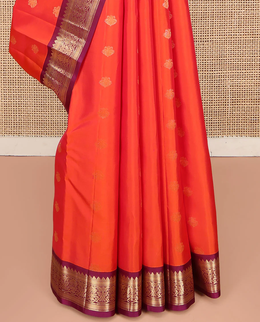 Orange Kanchipuram Silk Saree, Decked Up with Iruthalai Pakshi Buttas on Its Body, Complemented by a Contrast Border of Rekku, Muthu, and Kathir Designs, Grand Jaal Pallu, and Paired with a Contrast Blouse - Image 4