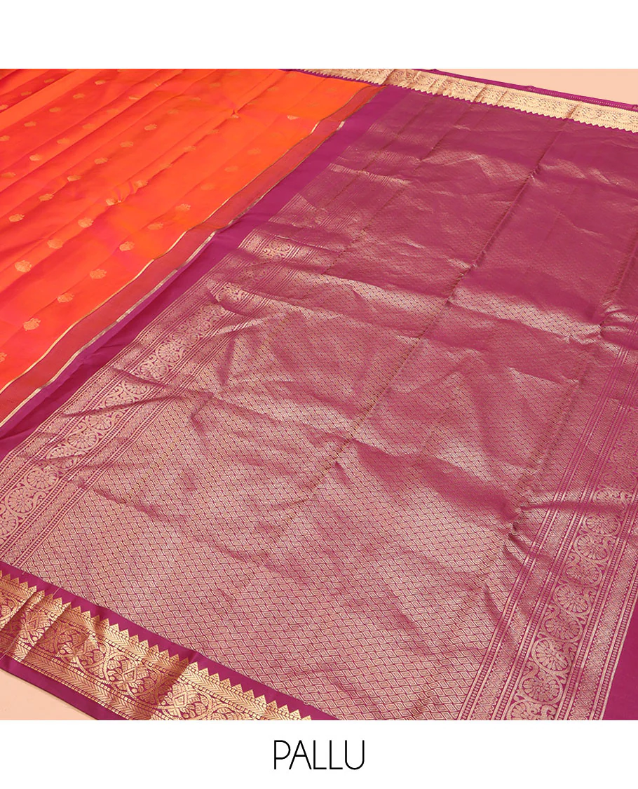 Orange Kanchipuram Silk Saree, Decked Up with Iruthalai Pakshi Buttas on Its Body, Complemented by a Contrast Border of Rekku, Muthu, and Kathir Designs, Grand Jaal Pallu, and Paired with a Contrast Blouse - Image 5