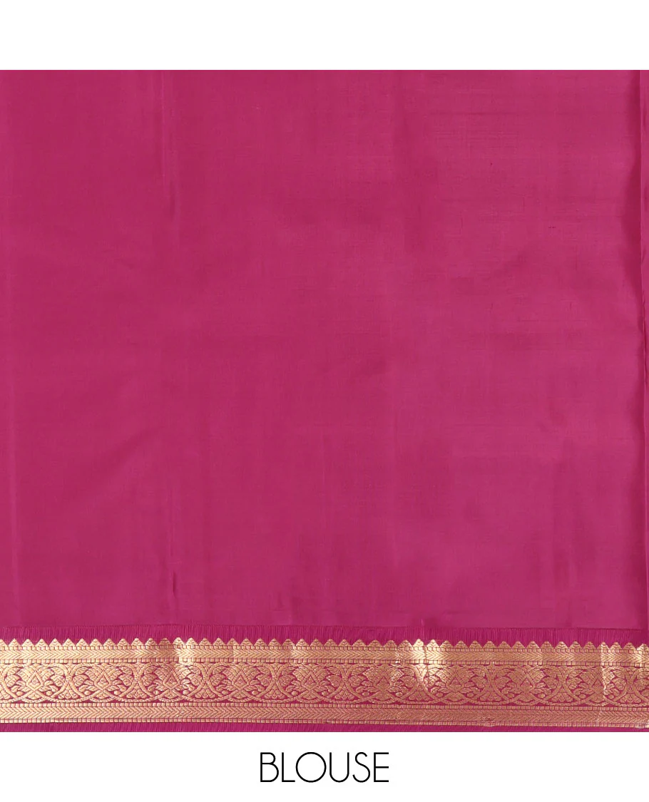 Orange Kanchipuram Silk Saree, Decked Up with Iruthalai Pakshi Buttas on Its Body, Complemented by a Contrast Border of Rekku, Muthu, and Kathir Designs, Grand Jaal Pallu, and Paired with a Contrast Blouse - Image 6