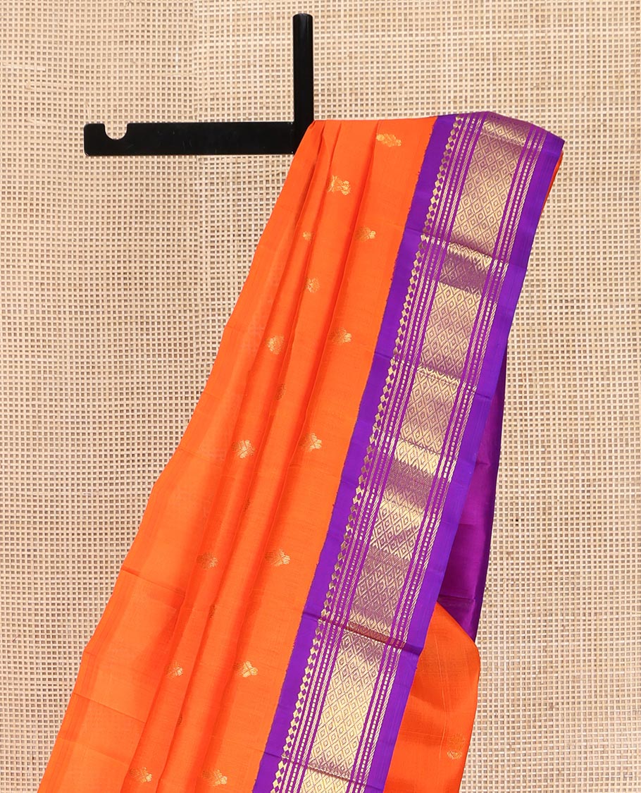 Orange Kanchipuram Silk Saree, Decked Up with Zari Buttas on Its Body, Complemented by a Contrast One-Sided Korvai Border of Panner Sombu, Banaras, Muthu, and Mayil Kann Designs, Pallu Features Zari Designs, and Comes Without a Blouse - Image 3