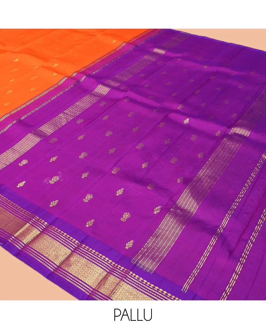 Orange Kanchipuram Silk Saree, Decked Up with Zari Buttas on Its Body, Complemented by a Contrast One-Sided Korvai Border of Panner Sombu, Banaras, Muthu, and Mayil Kann Designs, Pallu Features Zari Designs, and Comes Without a Blouse - Image 5