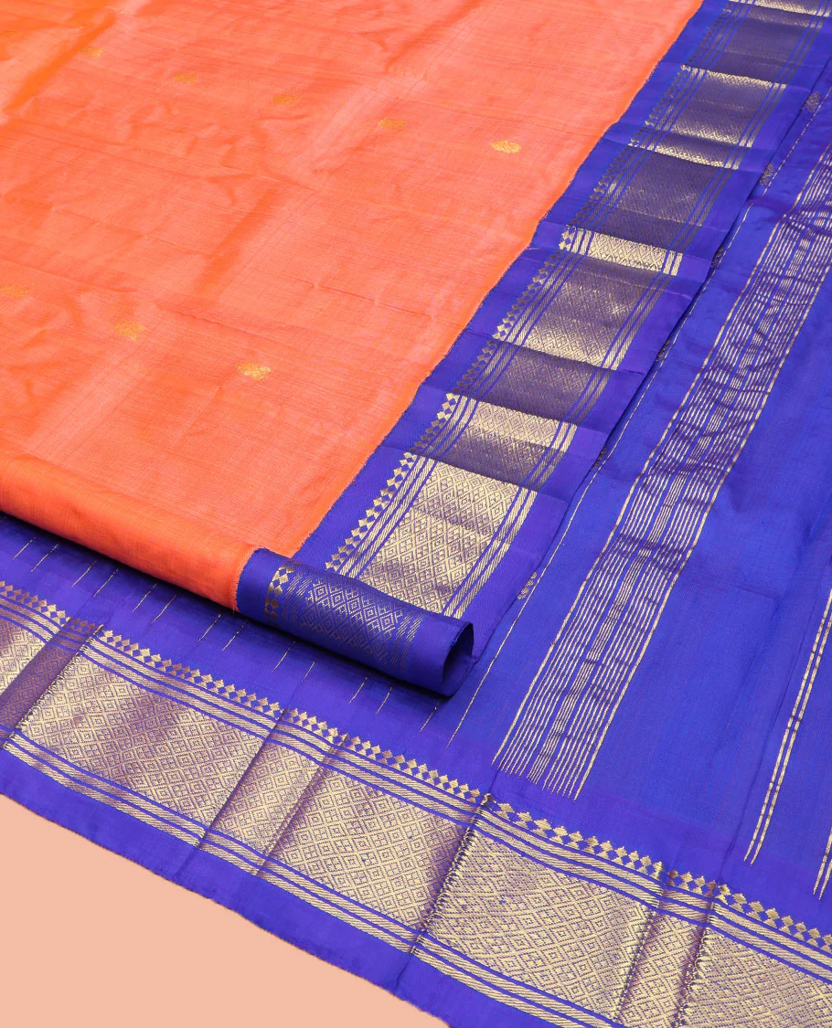 Orange Kanchipuram Silk Saree, Decorated with Zari Buttas on Its Body, Complemented by Contrast One-Sided Korvai Border of Panner Sombu, Banaras, and Jaal Designs, Pallu Features Zari Designs, and Comes Without a Blouse - Image 2
