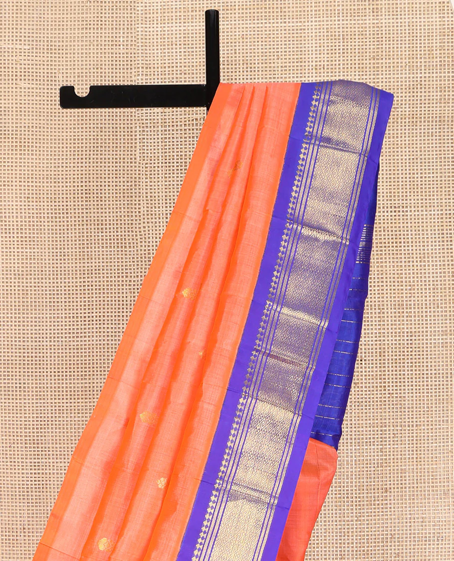 Orange Kanchipuram Silk Saree, Decorated with Zari Buttas on Its Body, Complemented by Contrast One-Sided Korvai Border of Panner Sombu, Banaras, and Jaal Designs, Pallu Features Zari Designs, and Comes Without a Blouse - Image 3