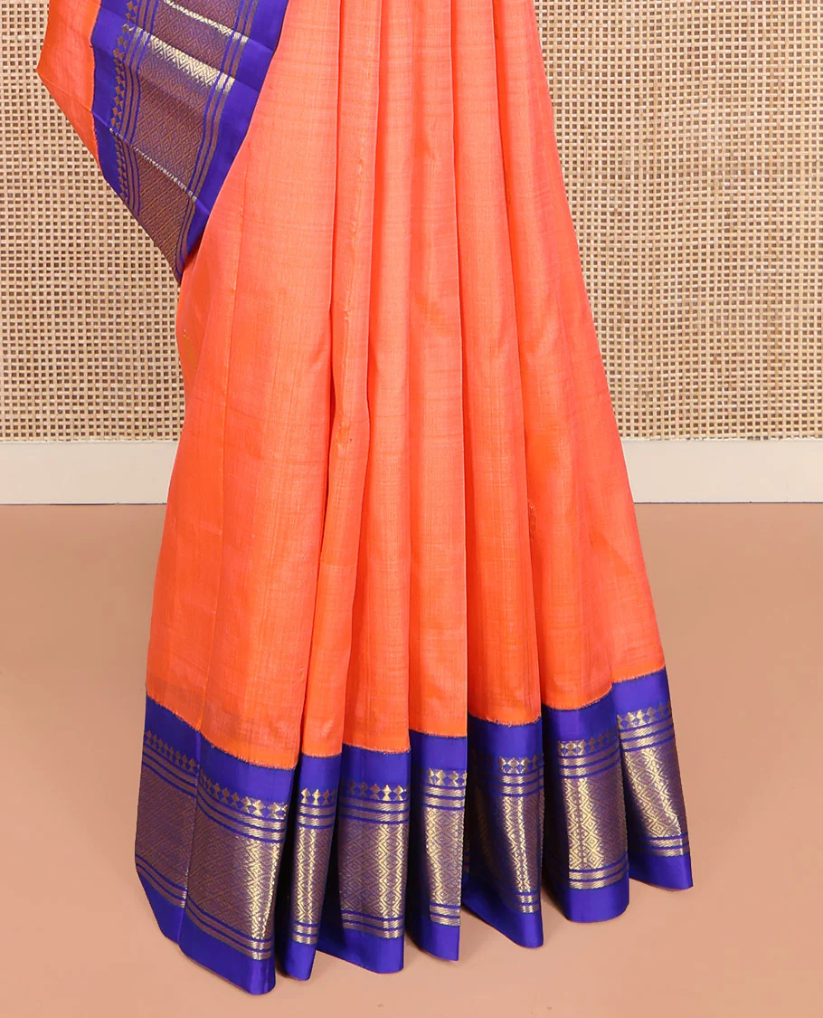 Orange Kanchipuram Silk Saree, Decorated with Zari Buttas on Its Body, Complemented by Contrast One-Sided Korvai Border of Panner Sombu, Banaras, and Jaal Designs, Pallu Features Zari Designs, and Comes Without a Blouse - Image 4