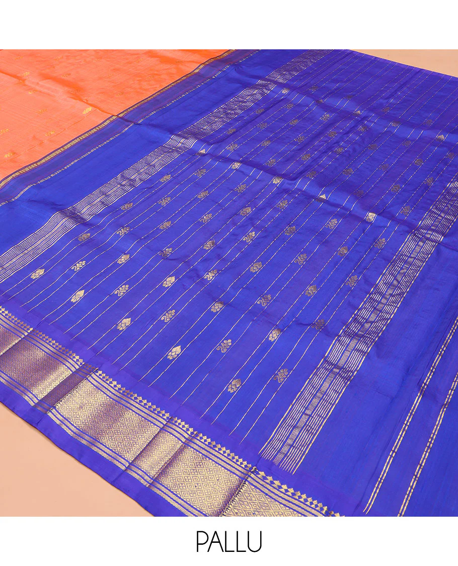 Orange Kanchipuram Silk Saree, Decorated with Zari Buttas on Its Body, Complemented by Contrast One-Sided Korvai Border of Panner Sombu, Banaras, and Jaal Designs, Pallu Features Zari Designs, and Comes Without a Blouse - Image 5